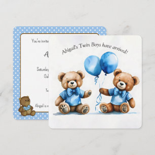 Teddy Bear Twins Baby Boy Shower Invitation