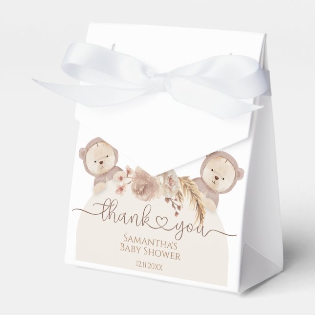 Teddy Bear Twins Baby Shower Boho Floral Favour Box (Front Side)