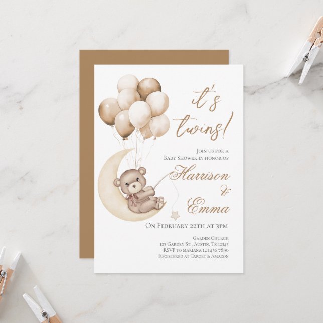 Teddy Bear Twins Baby Shower  Invitation (Front/Back In Situ)