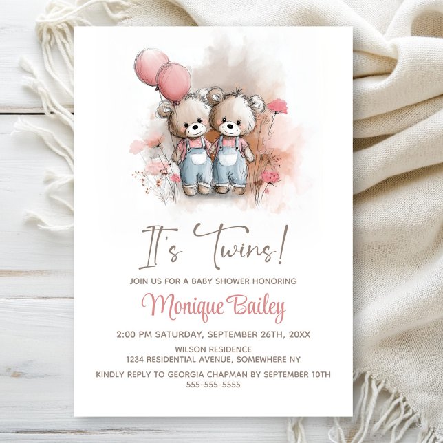 Teddy Bear Twins Baby Shower Invitation (Creator Uploaded)