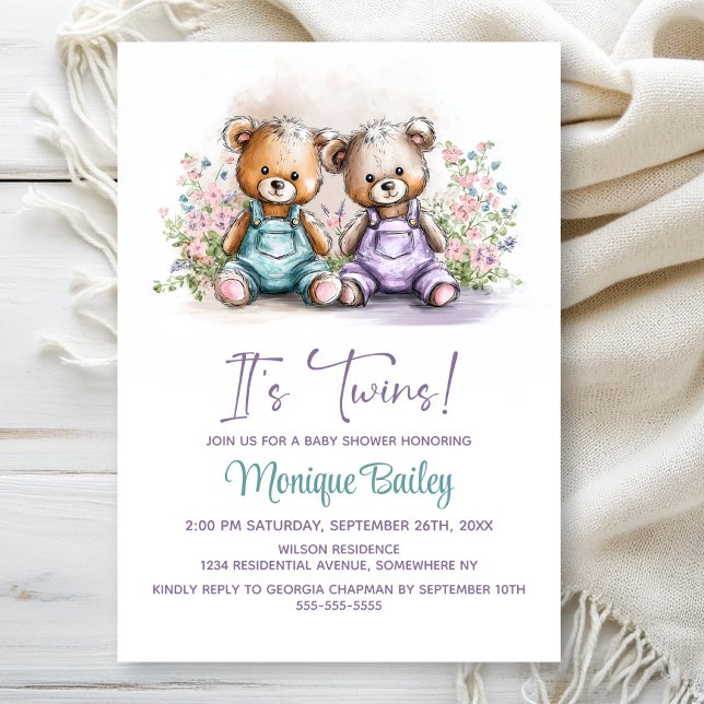 Teddy Bear Twins Baby Shower Invitation (Creator Uploaded)