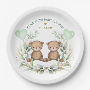 Teddy Bear Twins Greenery Balloons Baby Shower Paper Plate