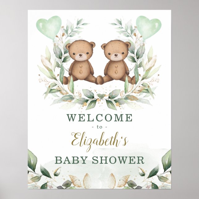 Teddy Bear Twins Greenery Gold Baby Shower Welcome Poster (Front)