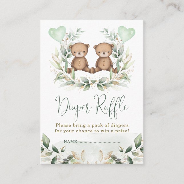 Teddy Bear Twins Greenery Gold Diaper Raffle Baby Enclosure Card (Front)