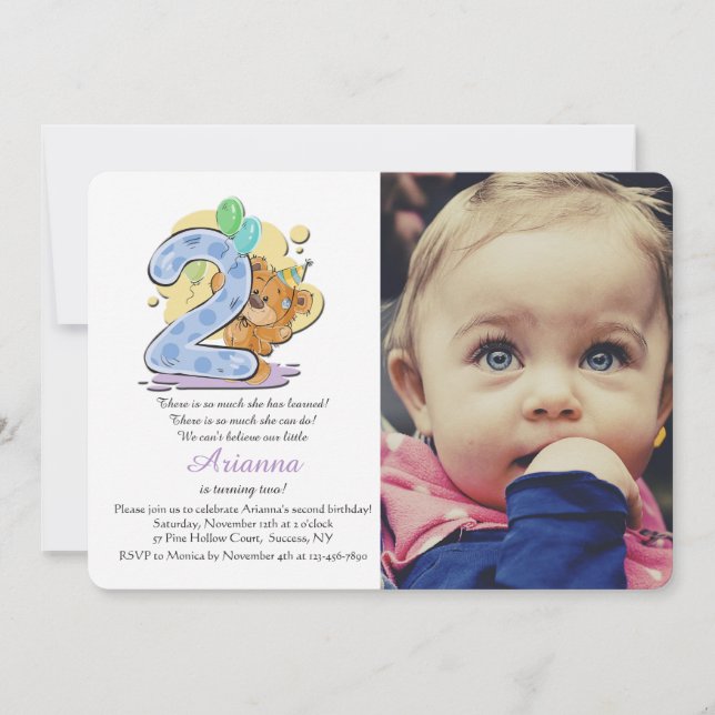 Teddy Bear Two Year Old Photo Invitation (Front)