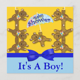 Teddy Bear Umbrella Boy Baby Shower Invitation