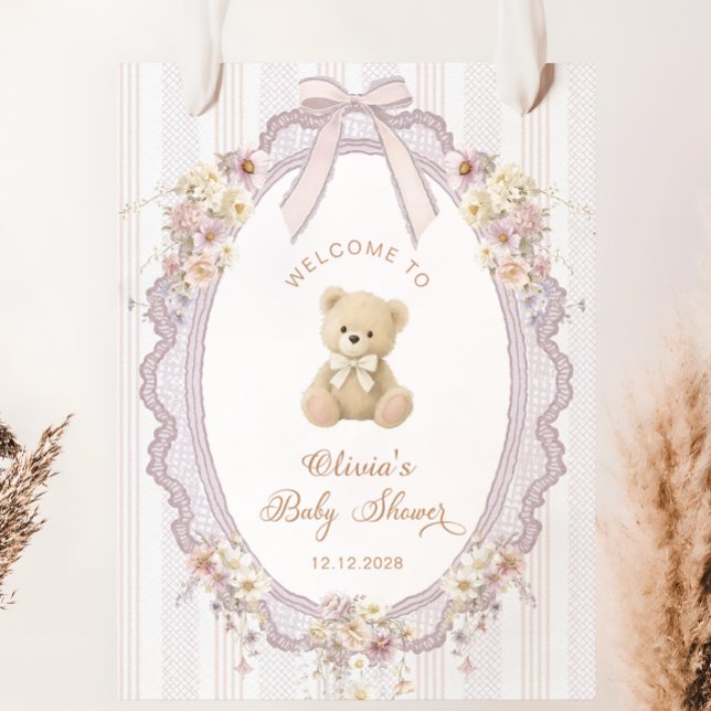 Teddy Bear Vintage Bow Baby Shower Welcome Poster (Creator Uploaded)