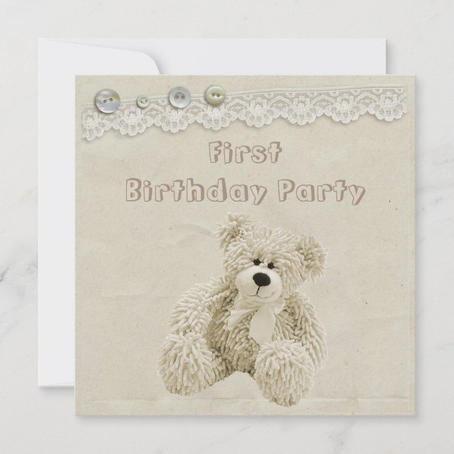 Teddy Bear Vintage Lace 1st Birthday Party Invitation (Front)