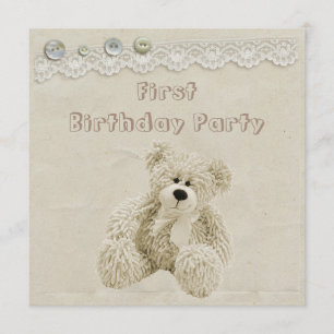 Teddy Bear Vintage Lace 1st Birthday Party Invitation