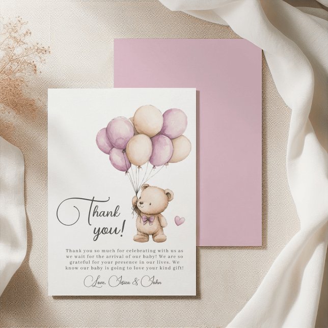Teddy Bear Violet Purple Beige Balloons Thank You Card (Creator Uploaded)