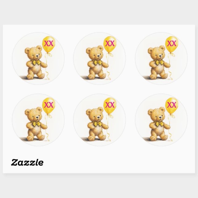 Teddy Bear w Balloon, Add Number, Custom  Classic Round Sticker (Sheet)
