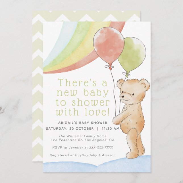 Teddy Bear /w Balloons & Rainbow Baby Shower Invitation (Front/Back)