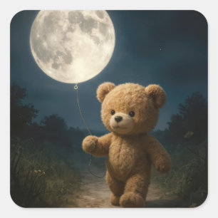 Teddy Bear Walking With a Moon Balloon Square Sticker