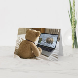 Teddy Bear Watching Grizzly on Laptop Card