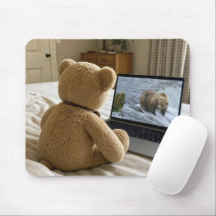 Teddy Bear Watching Grizzly on Laptop Mouse Mat