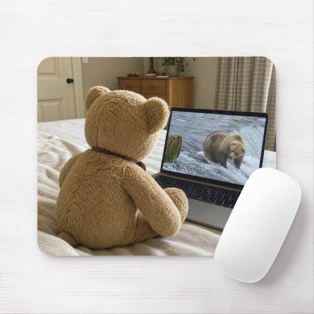Teddy Bear Watching Grizzly on Laptop Mouse Mat (With Mouse)