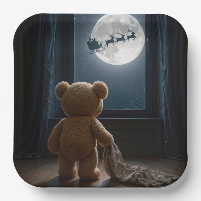 Teddy Bear Watching Santa Claus and Reindeer Paper Plate (Front)