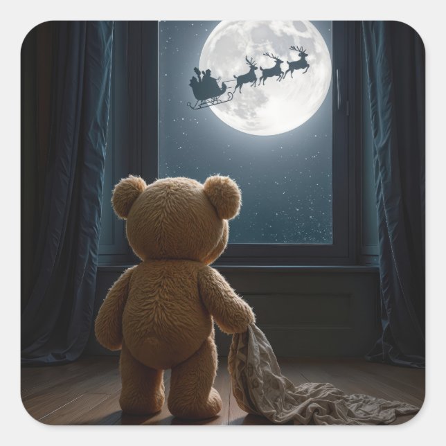 Teddy Bear Watching Santa Claus and Reindeer Square Sticker (Front)