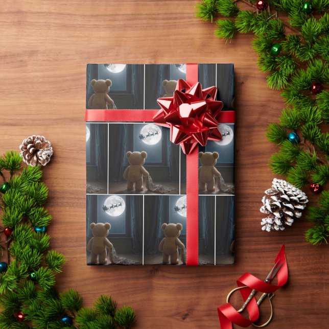 Teddy Bear Watching Santa Claus and Reindeer Wrapping Paper (Holiday Gift)