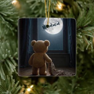 Teddy Bear Watching Santa Claus Ceramic Ornament