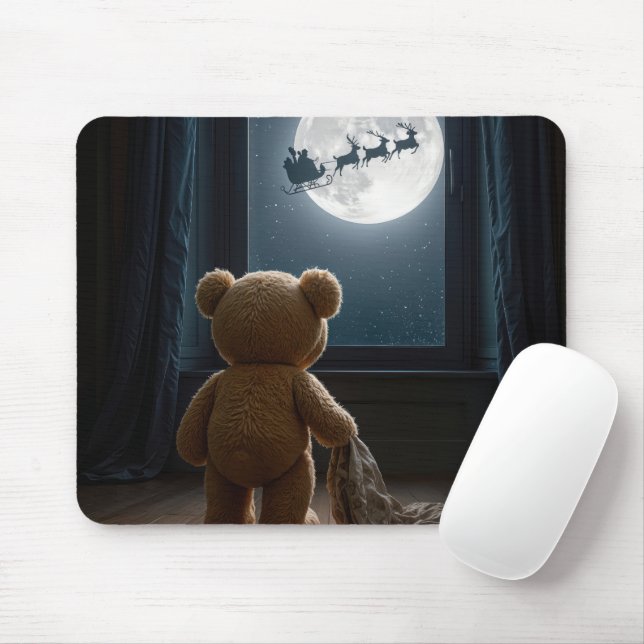 Teddy Bear Watching Santa Claus Mouse Mat (With Mouse)