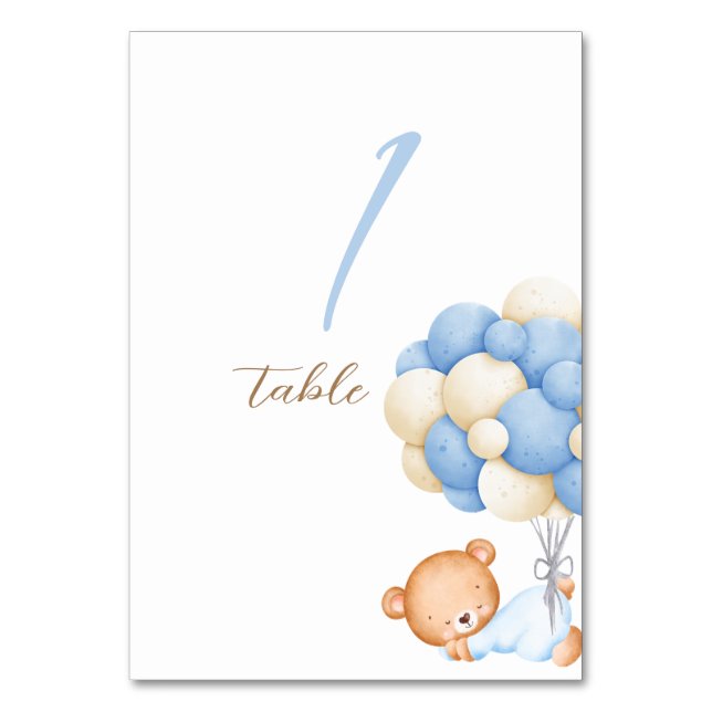 Teddy Bear Watercolor Balloons Table 1 Number Card (Front)