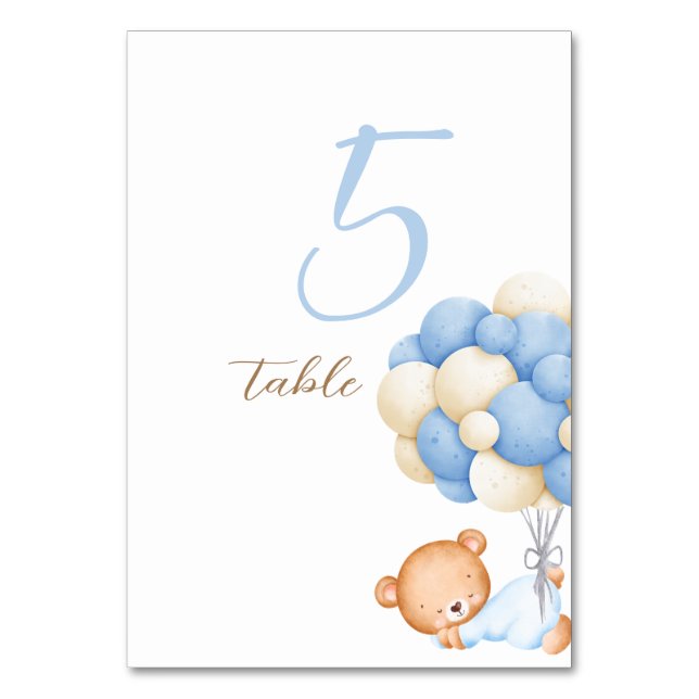 Teddy Bear Watercolor Balloons Table 5 Number Card (Front)