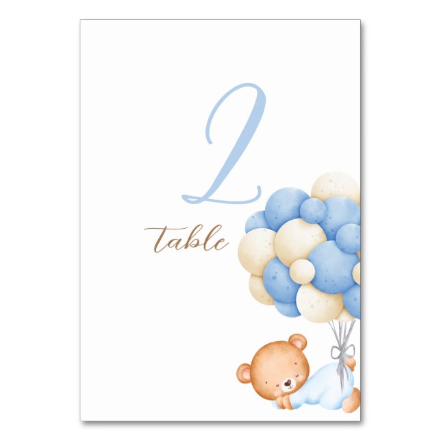Teddy Bear Watercolor Balloons Table Number Card (Front)