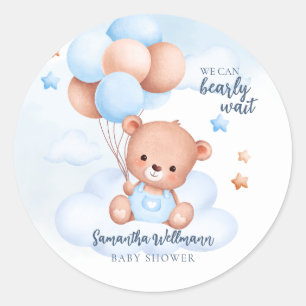 Teddy Bear Watercolor Boy Baby Shower Customisable Classic Round Sticker