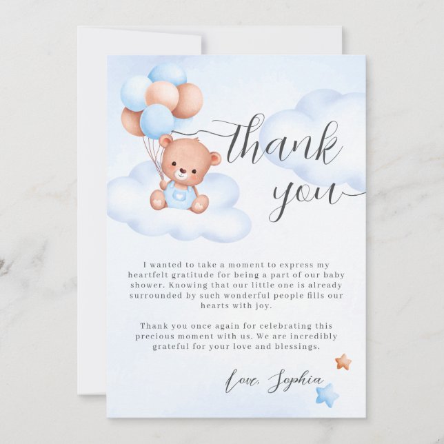 Teddy Bear Watercolor Boy Baby Shower Thank You Card (Front)