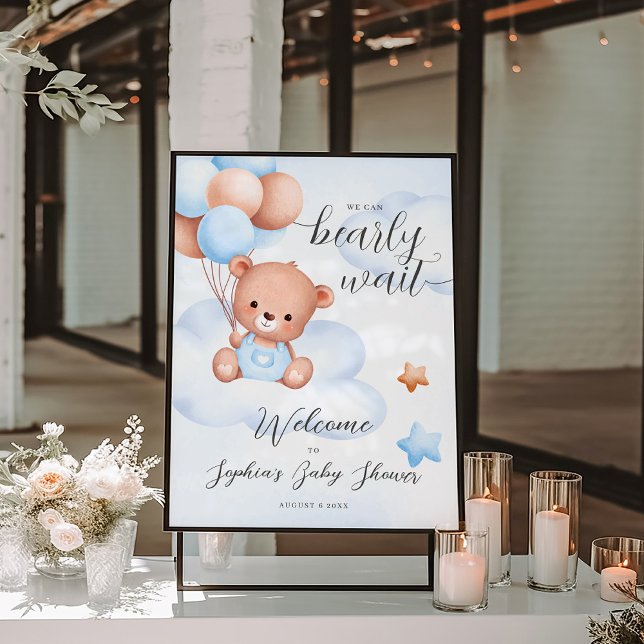 Teddy Bear Watercolor Boy Baby Shower Welcome Sign (Creator Uploaded)