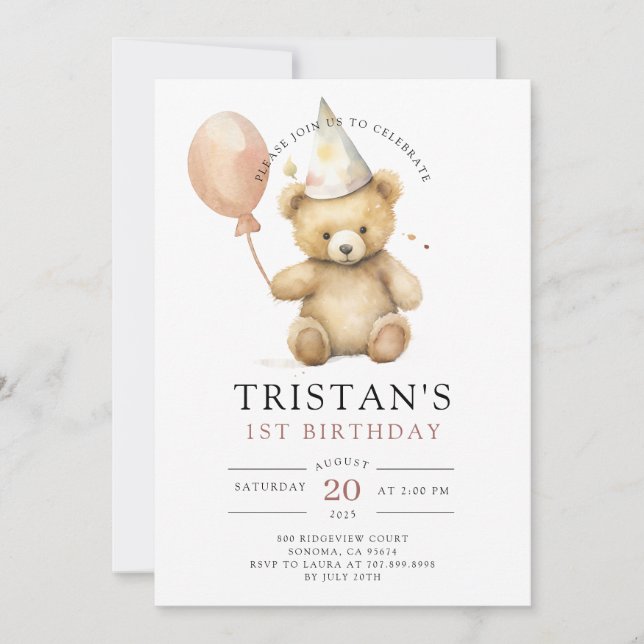 Teddy Bear Watercolor Boy's 1st Birthday  Invitation (Front)
