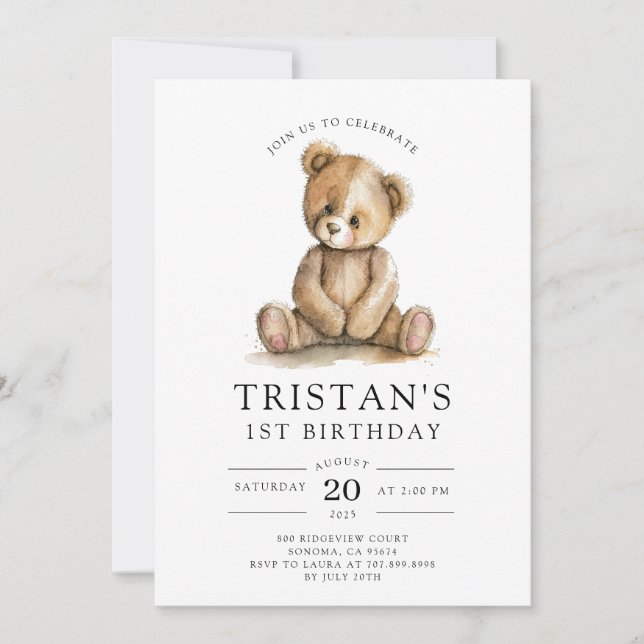 Teddy Bear Watercolor Boy's 1st Birthday  Invitation (Front)