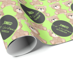 Teddy Bear Watercolor First Birthday lime green Wrapping Paper