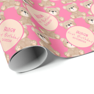 Teddy Bear Watercolor First Birthday Pink Wrapping Paper