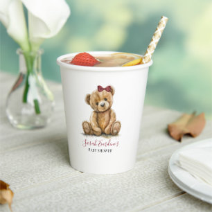 Teddy Bear Watercolor Girl Baby Shower Paper Cups
