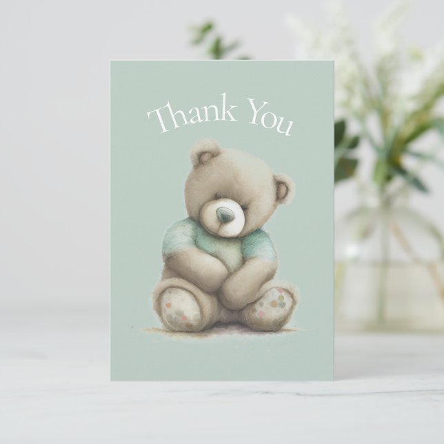 Teddy Bear Watercolor Green Baby Shower Thank You (Standing Front)