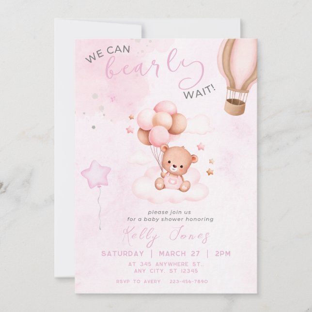 Teddy Bear Watercolor Pink Girl Baby Shower Invitation (Front)