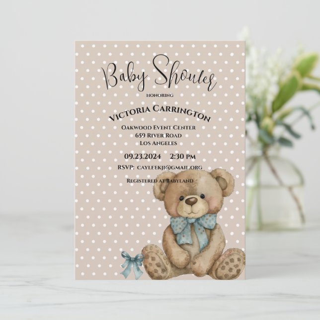 Teddy Bear Watercolor Polkadots Baby Shower Invitation (Standing Front)