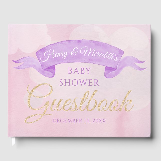 Teddy Bear Watercolor Purple Baby Shower Guestbook (Front)