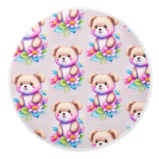 Teddy bear watercolors pastel ceramic knob (Front)