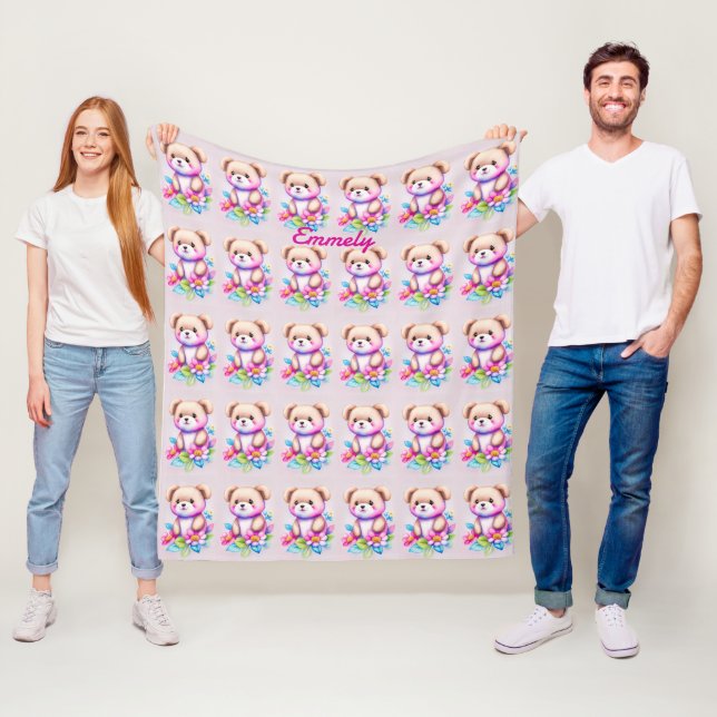 Teddy bear watercolors pastel fleece blanket (In Situ)