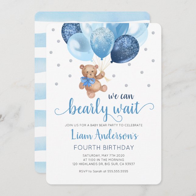 Teddy Bear We Can Bearly Wait Baby Birthday Invitation (Front/Back)