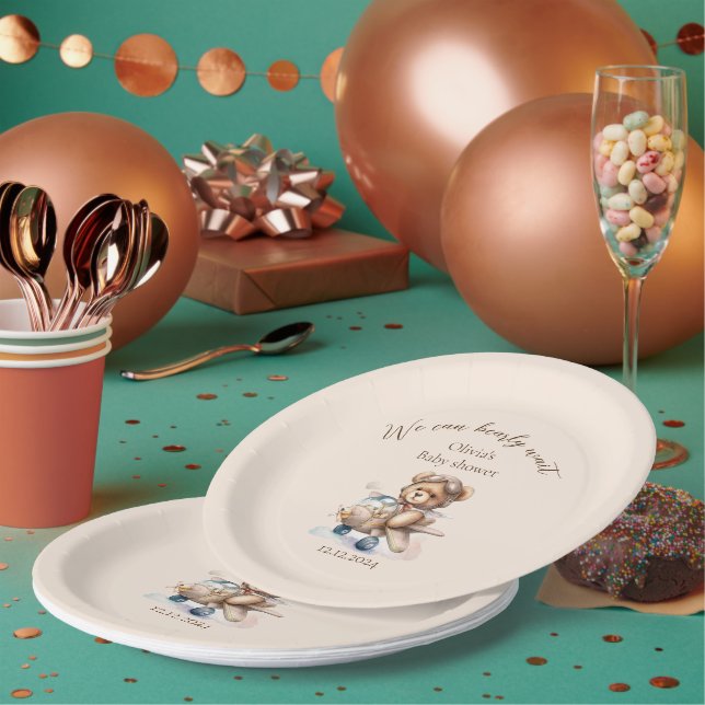 Teddy bear we can bearly wait baby shower paper plate (Multi)