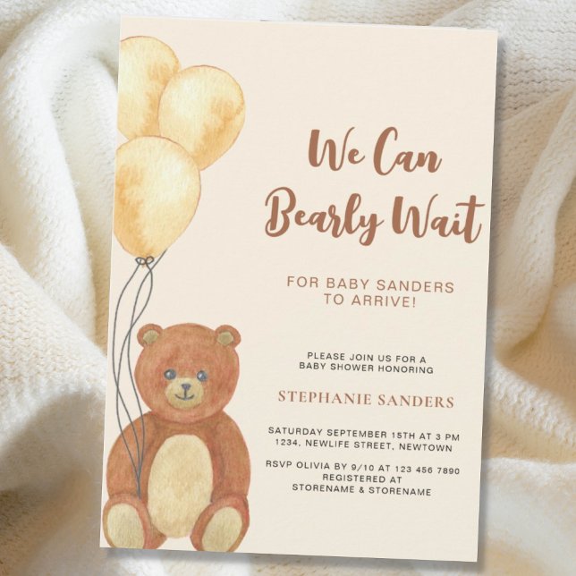 Teddy Bear We Can Bearly Wait Balloon Baby Shower  Invitation (Creator Uploaded)