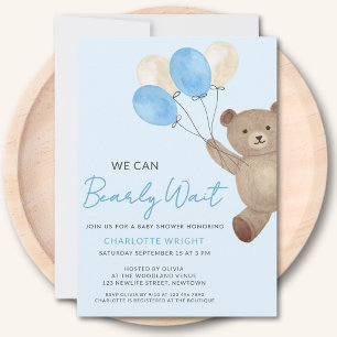 Teddy Bear We Can Bearly Wait Blue Baby Shower Invitation