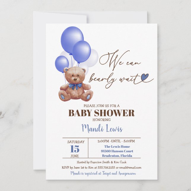 Teddy Bear We Can Bearly Wait Boy Baby Shower  Inv Invitation (Front)