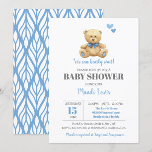 Teddy Bear We Can Bearly Wait Boy Baby Shower  Invitation