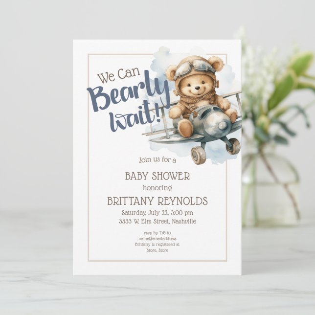 Teddy Bear We Can Bearly Wait Boy Baby Shower Invitation (Standing Front)