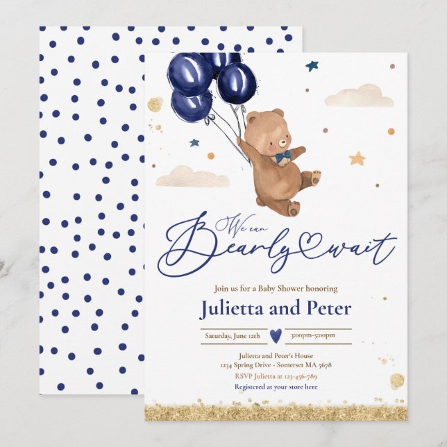Teddy Bear We Can Bearly Wait Boy Navy Baby Shower Invitation (Front/Back)